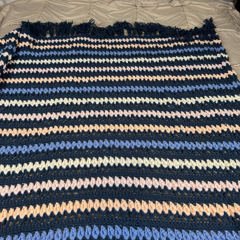 Vtg Colorful Fringe Bobble Crochet Knit Heavy Blanket Afghan 76